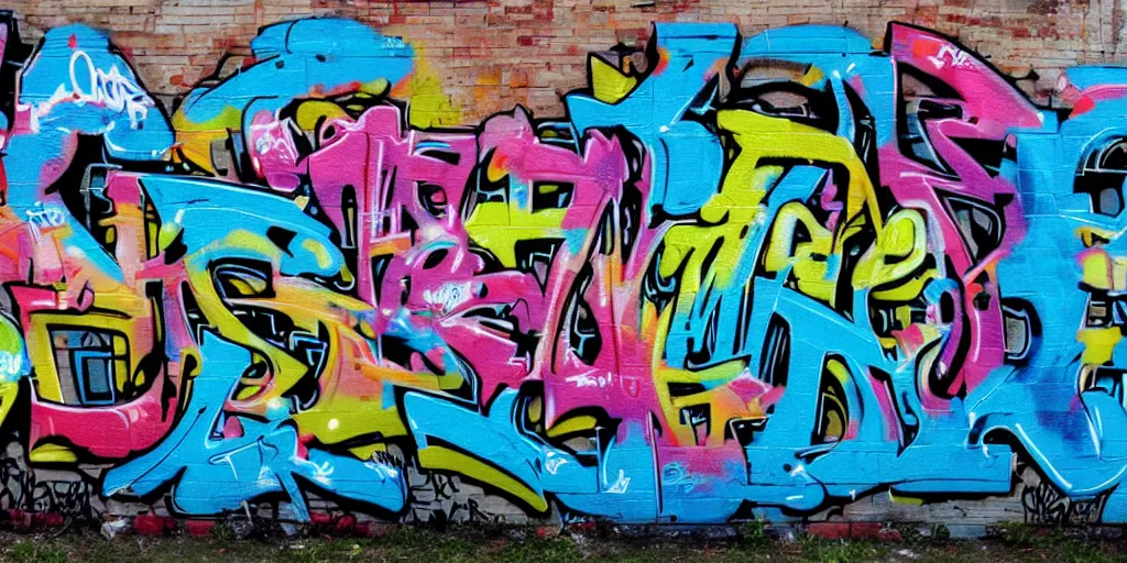 Prompt: tag and hiphop graffiti font, alien throw up wildstyle, spray, two color palette. brick street 4 k photo