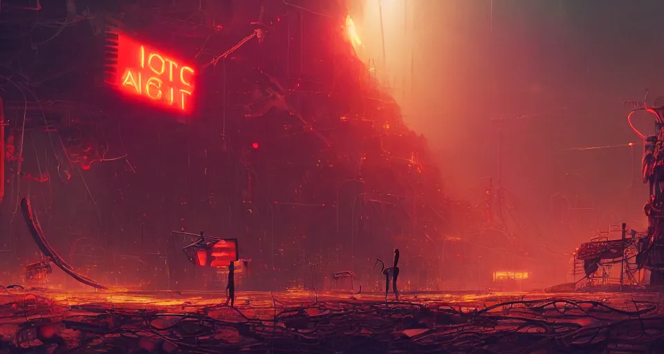 Image similar to beautiful low angle painting of ab alien world with unknown structures and technology, steampunk, wires everywhere, junk on the ground, neon lights, red neon highlights, a tiny girl watching on, moody atmosphere, epic composition, dramatic lighting, trending on artstation, octane render, by robert zemeckis