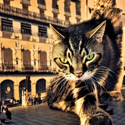 Image similar to a hairy giant cat destroying barcelona with laser eyes