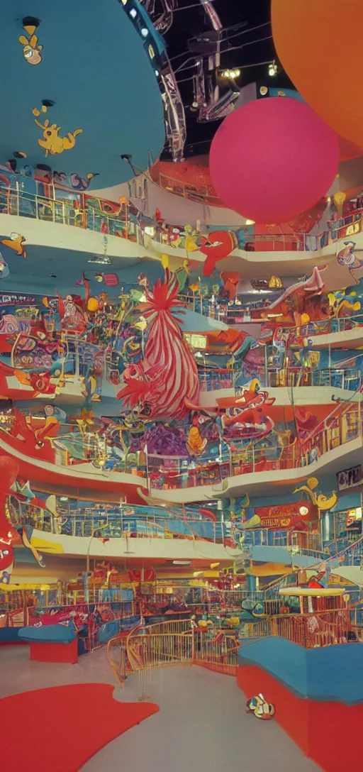 Image similar to the interior of a colorful dr. seuss - themed 1 9 8 0 s mall with mall - goers