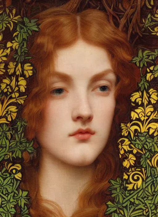 Prompt: masterpiece beautiful seductive flowing curves preraphaelite face portrait photography, extreme close up shot, straight bangs, thick set features, yellow ochre ornate medieval dress, laying amongst foliage mushroom forest circle arch, frederic leighton and kilian eng and rosetti, william morris and mucha, framed, 4 k