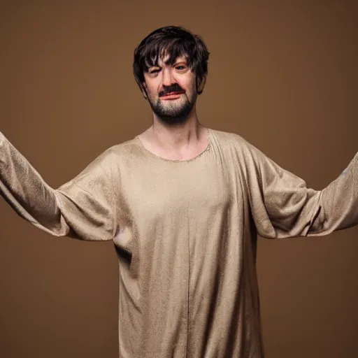 Image similar to richard iv the roman king, excited real human wearing beige pyjama, soft studio lighting, sigma lens photo, he is dancing