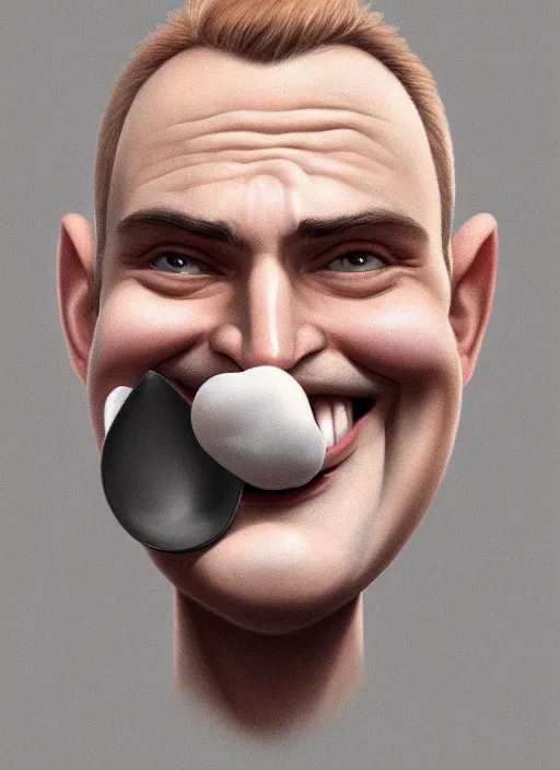 Image similar to portrait of a russian young man with a spoon on top of his nose, big grin, wrinkled eyes, wise forehead, big lips, round portruding chin, white background, youthful colours, thin sharp lines, digital painting, artstation, matte, sharp focus, illustration, realistic anime artstyle