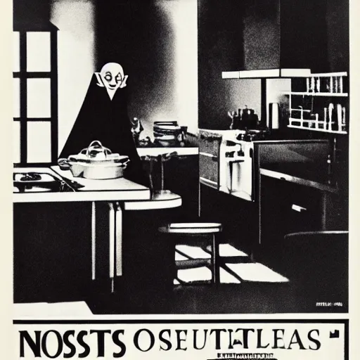 Image similar to nosferatu is cooking in a kitchen, american advertising 1 9 6 0's, photography