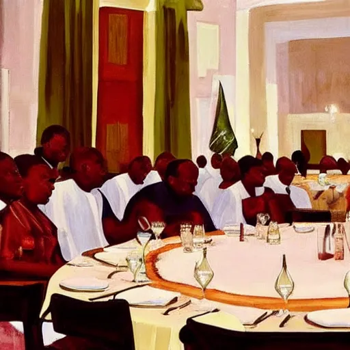 Image similar to president muhammadu buhari sitted at a lavish banquet with a large bastion of chicken minimalist solid background in the style of edward hooper and henri matisse oil painting