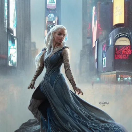 Image similar to full figure ultra realistic illustration, daenerys targaryen in times square, intricate, elegant, highly detailed, digital painting, artstation, concept art, smooth, sharp focus, illustration, art by artgerm and greg rutkowski and alphonse mucha