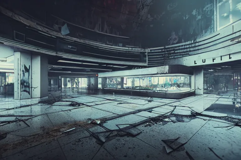 Image similar to low angle photo of a abandoned cyberpunk shopping mall with humans floating, moon gravity, cinematic lightning, ray tracing, unreal engine, photorealistic, detailed, dark, moody, foggy, scary