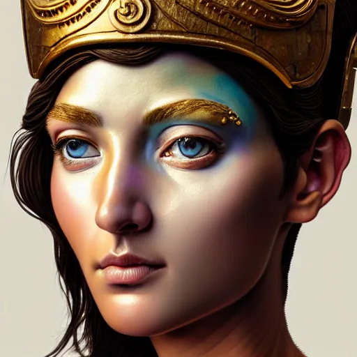 Image similar to hyperrealistic mixed media painting of beautiful goddess Athena, stunning 3d render inspired art by P. Craig Russell and Barry Windsor-Smith, perfect facial symmetry, dim volumetric lighting, 8k octane beautifully detailed render, post-processing, portrait, extremely hyper-detailed, intricate, epic composition, brown eyes, highly detailed eyes, realistic eyes, correct eyes, cinematic lighting, masterpiece, trending on artstation, very very detailed, masterpiece, stunning