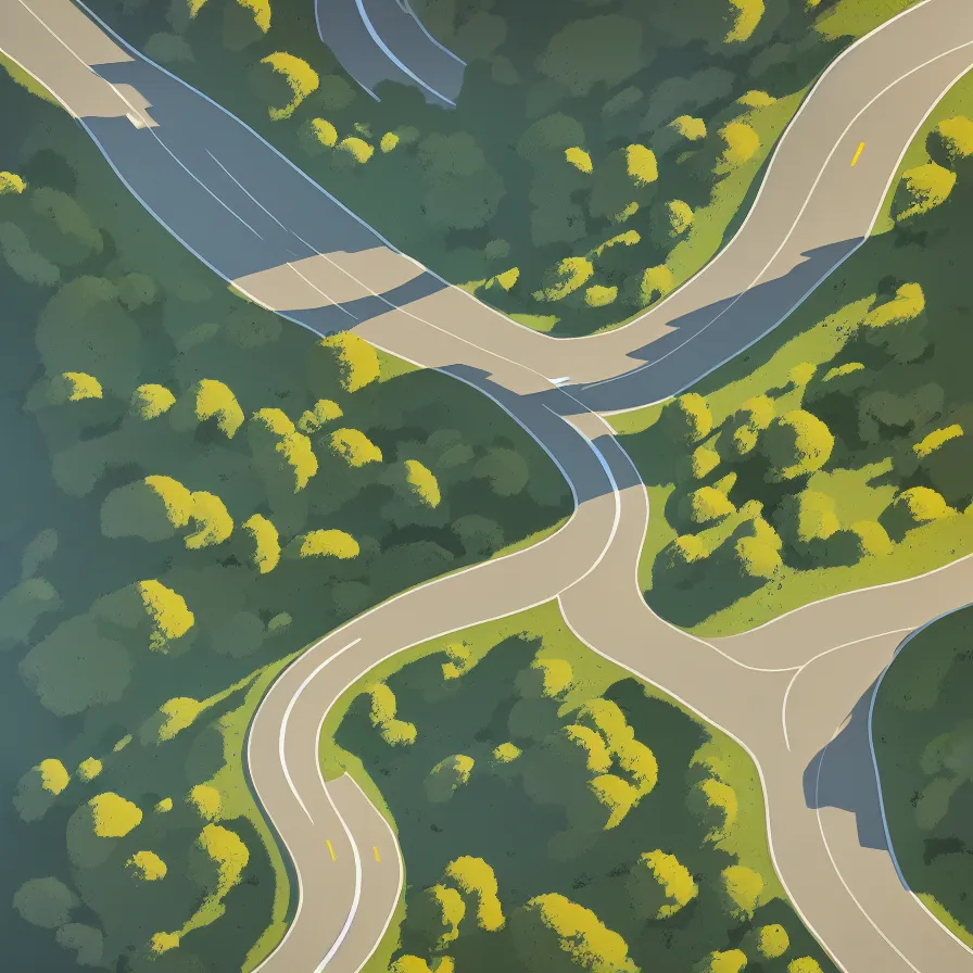 Image similar to View from above of a mountain road descending in curves, art by Goro Fujita, ilustration, concept art, sharp focus, ArtStation and deviantart