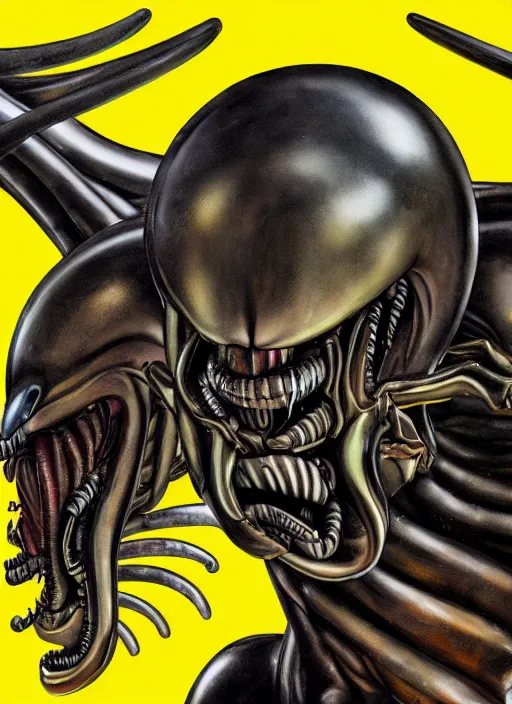 Prompt: a close up of a xenomorph face on a yellow background, an airbrush painting by osamu tezuka, behance, mingei, logo, concert poster, poster art