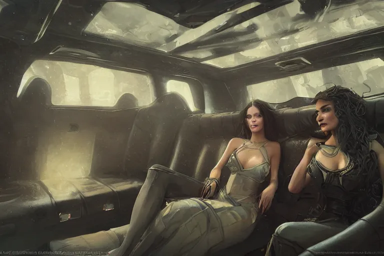 Image similar to several beautiful women in the interior of a cynerpunk limousine, by BROM, by Greg Rutkowski, 3d scene, render, ultra realistic, artstation, cgsociety, level design, unreal engine, 3d scene, zenith view