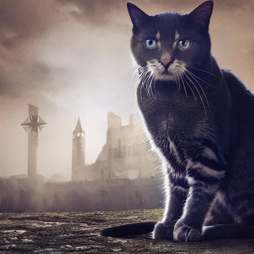 Image similar to an amazing award winning photo of a cat as a knight of the knights templar, very detailed and sharp, 4k hdr, cinematic