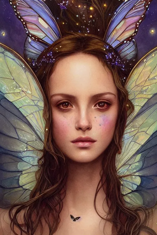 Prompt: portrait of beautiful faerie with butterfly wings, headshot, symmetrical, elegant, regal, intricate, fireflies in a twilight background, highly detailed, digital painting, artstation, concept art, sharp focus, watercolor, muted color, complementary colors, art by artgerm, greg rutkowski and alphonse mucha