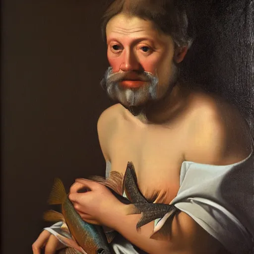 Prompt: the portrait of realistic fish man, in the style of Caravaggio, soft lighting, masterpiece, 8k,