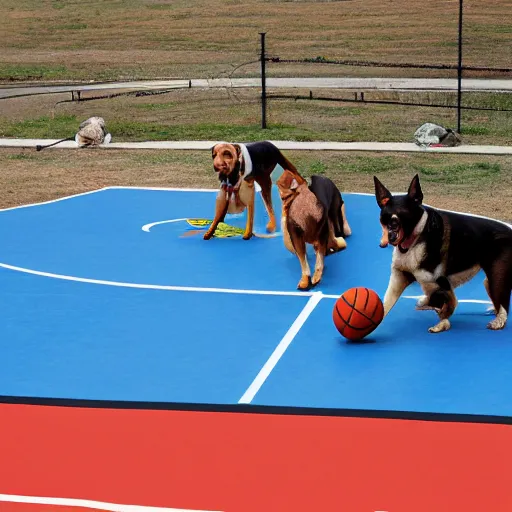 Prompt: dogs playing basketball on a basketball court