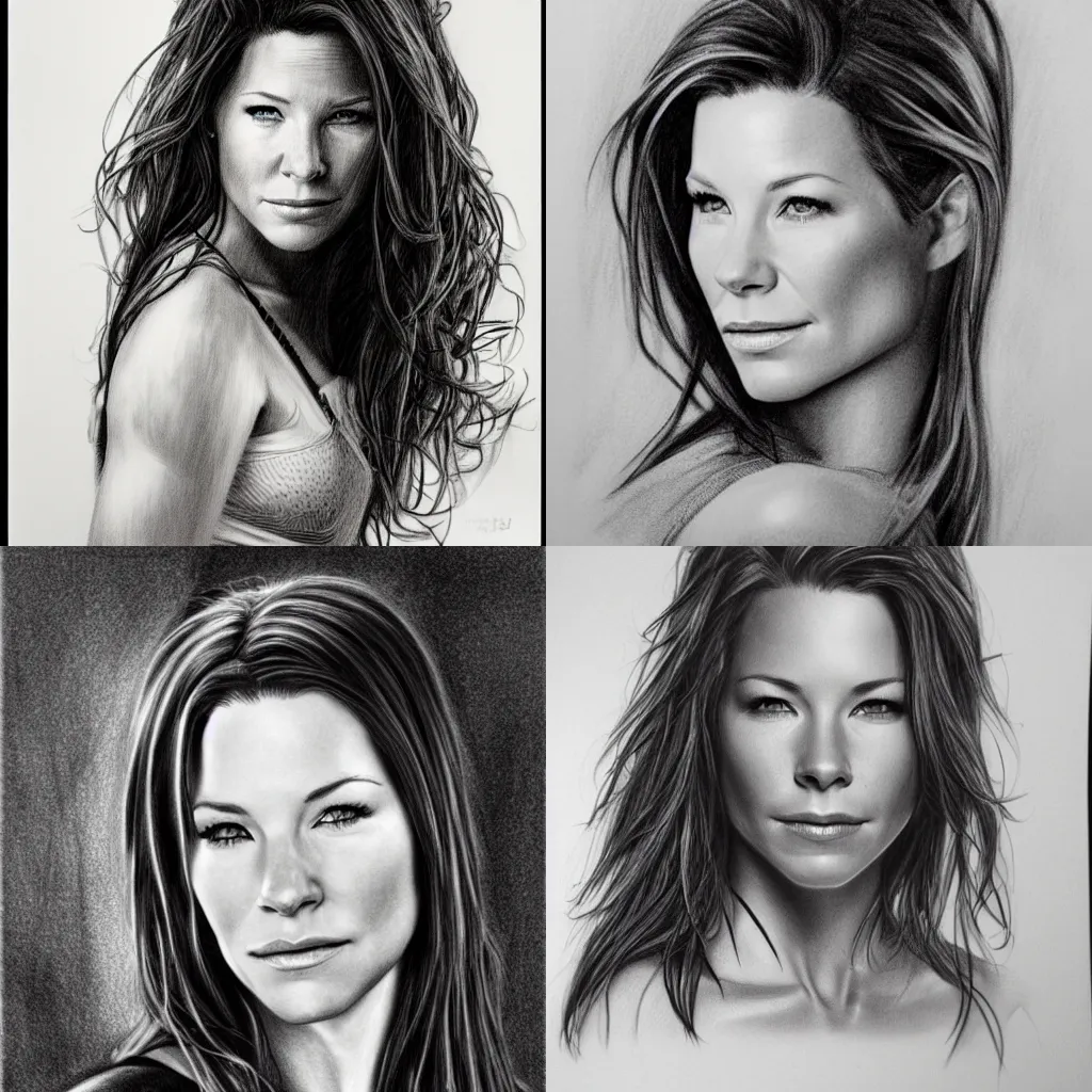 Prompt: Black and white pencil sketch portrait of Evangeline Lilly, trending on deviantart, photorealistic