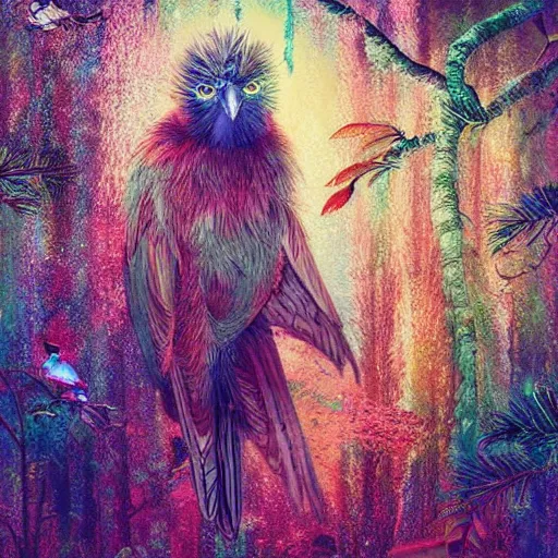 Image similar to mystical folk birdhuman character on a tropical forest, realistic proportions, hyper realism, mystic painting, glitch art, poster art, japanese design