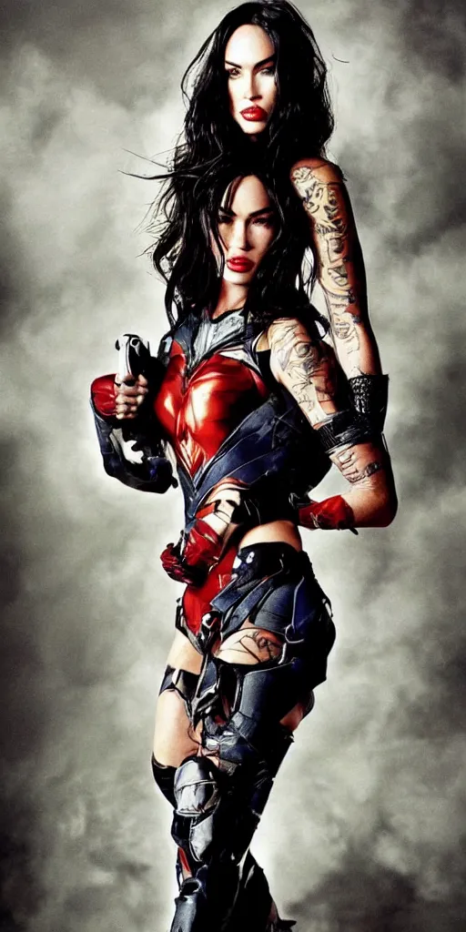 Prompt: Portrait of Megan Fox as a super hero, highly detailed, photographed by Annie Leibovitz.