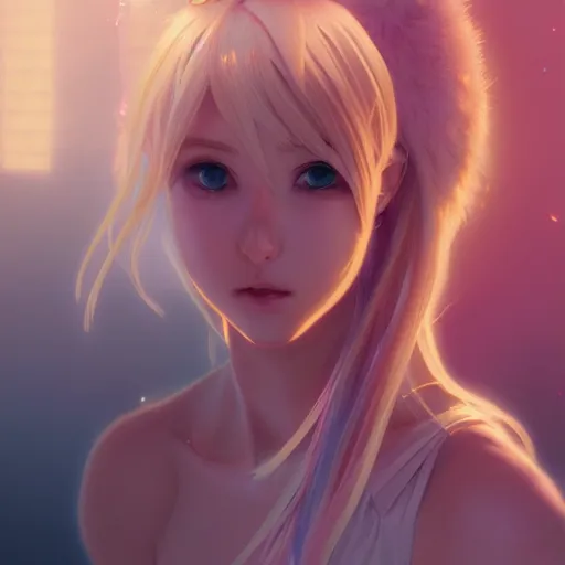 Prompt: portrait of a blonde anime girl which looking to the right, volumetric lighting, glowing lights, 4k, octane, digital painting, artstation, concept art, sharp focus, illustration, art by artgerm and greg rutkowski and alphonse mucha