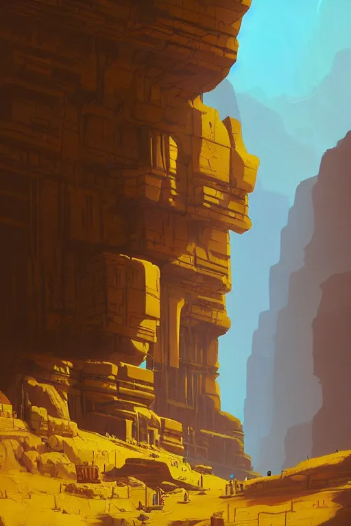 Image similar to ancient temple glowing yellow in a canyon, light streaks in a blue sky, dramatic lighting, artstation, matte painting, ralph mcquarrie, simon stalenhag