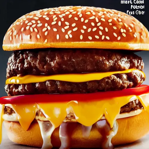 Prompt: a 1 0 layer cheeseburger with 1 0 pieces of meat, 1 0 pieces of cheese and tons of melted sauces and onions, food magazine cover