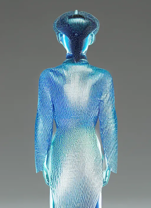 Prompt: a digital portrait of an european girl detailed features wearing a cyber kimono latex suit wedding dress - synthetic materials imac bondi blue 1 9 9 8 by issey miyake by ichiro tanida and mitsuo katsui