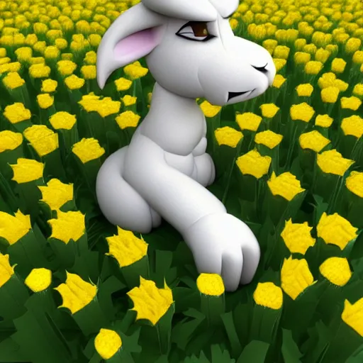 Prompt: Asriel Dreemurr wearing a crown of buttercups, digital 3d render by cgsociety