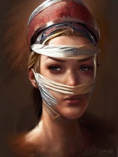 Image similar to a warry injuried warrior, its head bandaged.. intricate, elegant, highly detailed, digital painting, artstation, concept art, sharp focus, illustration, by justin gerard and artgerm, 8 k