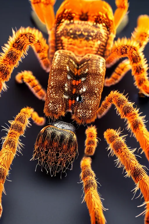 Image similar to high quality close-up photo rococo holographic tarantula! jewelled gorgeous! highly detailed david ligare elson peter cinematic orange neon lighting high quality low angle hd 8k sharp shallow depth of field