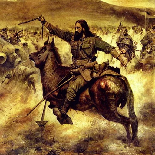 Image similar to Jesus riding a war hog into the battle of the somme as he guides wounded soldiers to safety, oil painting, epic, beautiful