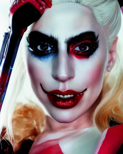 Image similar to 5 5 mm portrait photo of lady gaga as harley quinn. beautiful. magical atmosphere. art by artgerm and greg rutkowski. highly detailed 8 k. intricate. lifelike. soft light. nikon d 8 5 0.