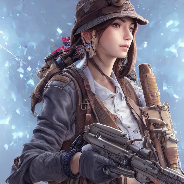 Image similar to the portrait of lawful neutral semi - colorful female infantry sniper as absurdly beautiful, gorgeous, elegant, young woman looking up, an ultrafine hyperdetailed illustration by kim jung gi, irakli nadar, intricate linework, bright colors, octopath traveler, final fantasy, unreal engine 5 highly rendered, global illumination, radiant light, detailed and intricate environment