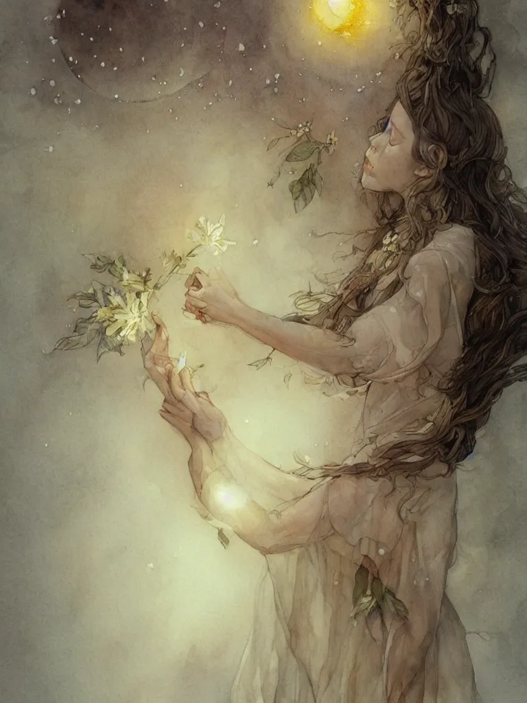 Image similar to study of a flower fairy, holding glowing white orb in hands, illustration, watercolor, alan lee, detailed, pretty, ethereal, realistic, refined, beautiful, artstation,