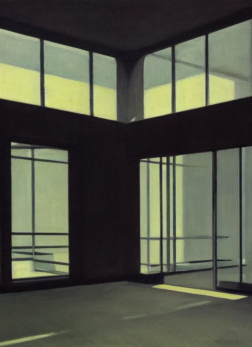 Prompt: a mies van der rohe building painting by edward hopper dramatic light