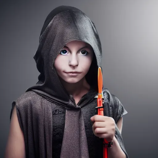 Image similar to cyborg girl wearing a cloak and a prosthetic arm