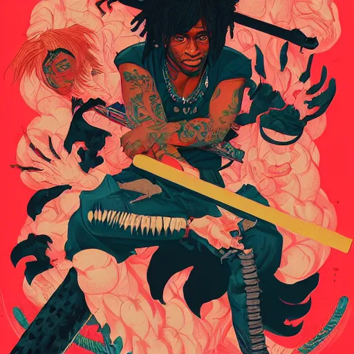 Prompt: Album art Young Thug, Playboi Carti and Lil Uzi Vert, Ninja Scrolls, Gang, Draco, Blood, red smoke, by Sachin Teng, by artgem, Trending on artstation