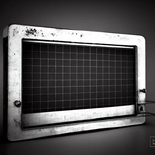 Image similar to an old, filthy, broken, 1960s-era, retro device, made of brushed steel, for displaying recipes, digital pong screen, set on a kitchen counter, dramatic constrasting light, redshift render, but as high contrast photography, featured on behance, golden ratio, f32, well composed, cohesive, from the show X-Files