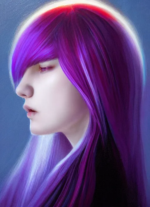 Image similar to hair whitebangs hair, black hair, whitebangs, portrait of teenage girl with white bangs, red irises, purple clothes, white bangs, bangs are different color from hair, intricate, elegant, glowing lights, highly detailed, digital painting, artstation, concept art, smooth, sharp focus, illustration, art by wlop, mars ravelo and greg rutkowski