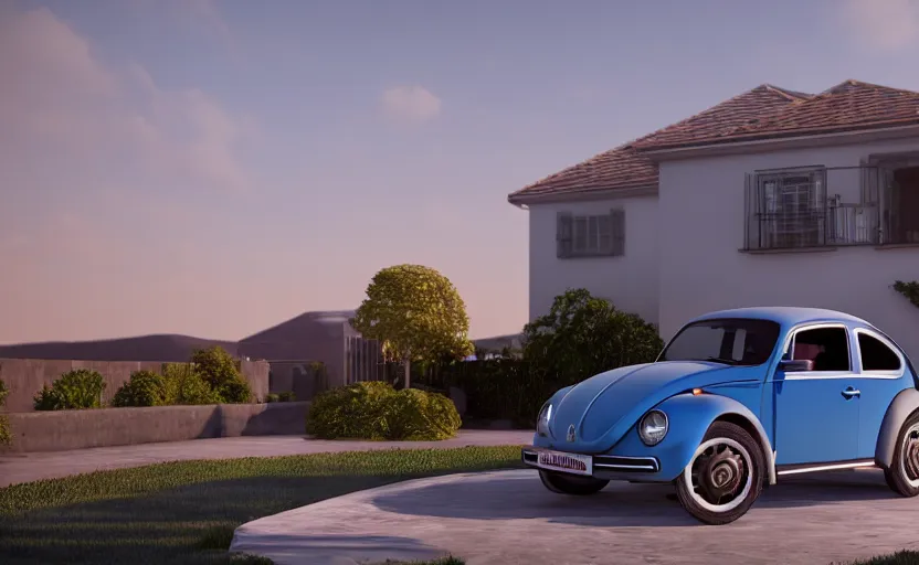 Image similar to a vw beetle parked near a modern small house with a pool at sunrise, concept art, octane render, unreal engine 5, trending on artstation, high quality, highly detailed, 8 k, soft lighting, path traced, godrays, lens flare, hyperrealistic, symmetrical, low contrast, digital art, beautiful, elegant