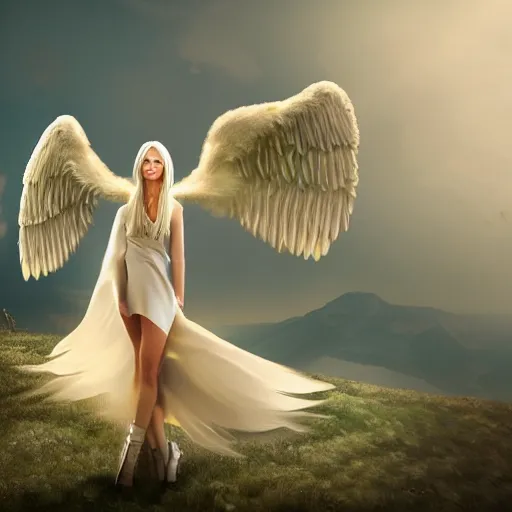 Image similar to very pretty blond female angel with large wings landing on a mountain top, shallow depth of field, moody lighting, 8 k, concept art, martina fackova,