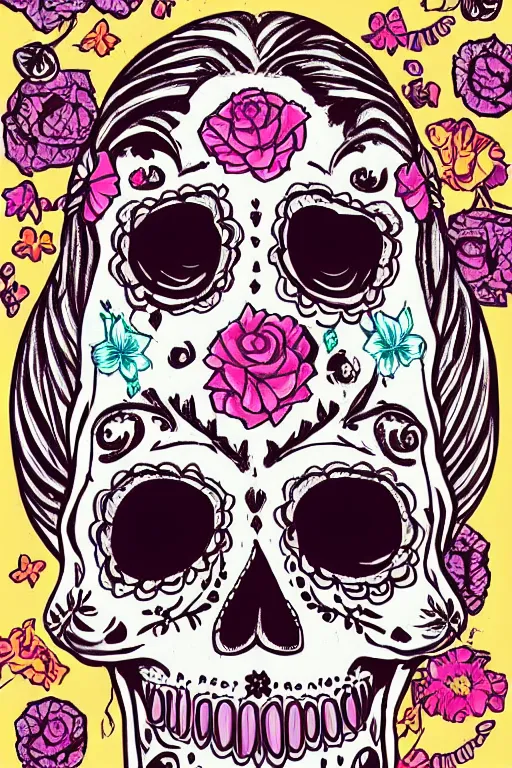 Image similar to illustration of a sugar skull day of the dead girl, art by joe mudureira