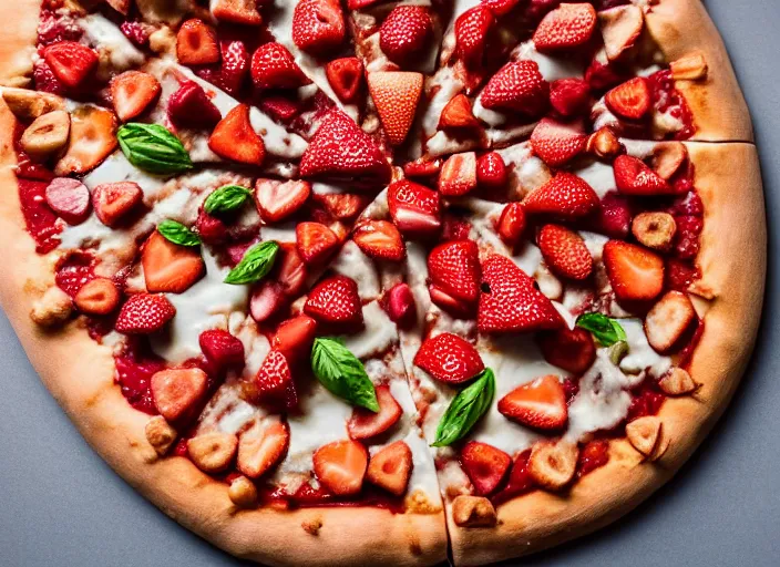 Image similar to A delicious plate of a big pizza with strawberries on, extra cheese, close up food photography, studio lighting, Sigma 35mm f/1.4