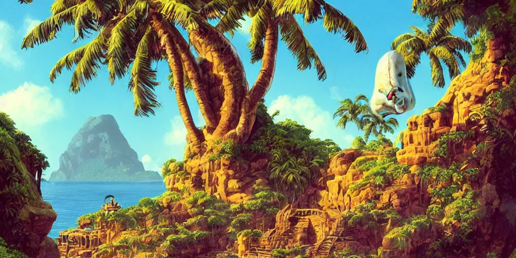 Prompt: ”a huge primitive monkey’s head catved out of stone with a mouth as an entrance to a cave inside, [caribbean, jungle, palm trees, beach, wide angle, side view, cinematic, monkey island, art by wlop and paul lehr]”