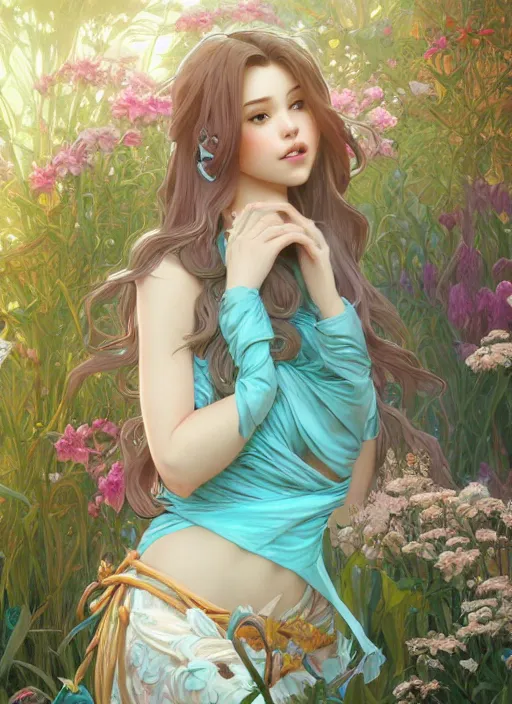 Image similar to beautiful girl with long turqoise hair, in a garden, cute, intricate, highly detailed, digital painting, trending on artstation, concept art, smooth, sharp focus, backlit, rim light, vivid colors, illustration, unreal engine 5, 8 k, art by rossdraws and alphonse mucha