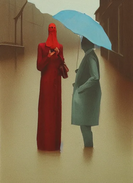 Image similar to woman in paper bag over the head on flooded street Edward Hopper and James Gilleard, Zdzislaw Beksinski, highly detailed