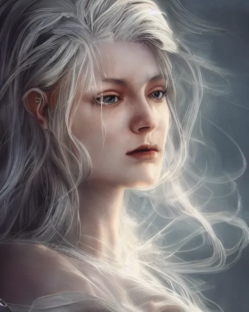 Image similar to side portrait of a beautiful female cleric, ethereal, dreamy, backlit, highly detailed, angry, mystical, intricate, realistic lighting, realistic face, sharp focus, windswept, rule of thirds, symmetrical facial features, by artgerm, wlop, rossdraws, frank frazetta, andrei riabovitchev, trending on artstation, hd, 4 k, fantasy