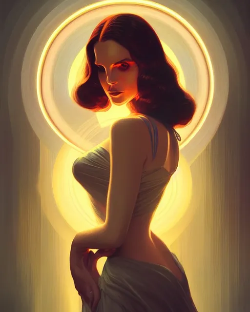 Prompt: symmetry portrait of lana del rey, glam, deco, glowing lights intricate, elegant, highly detailed, digital painting, artstation, concept art, smooth, sharp focus, illustration, art by artgerm and greg rutkowski and fra angelico and alphonse mucha