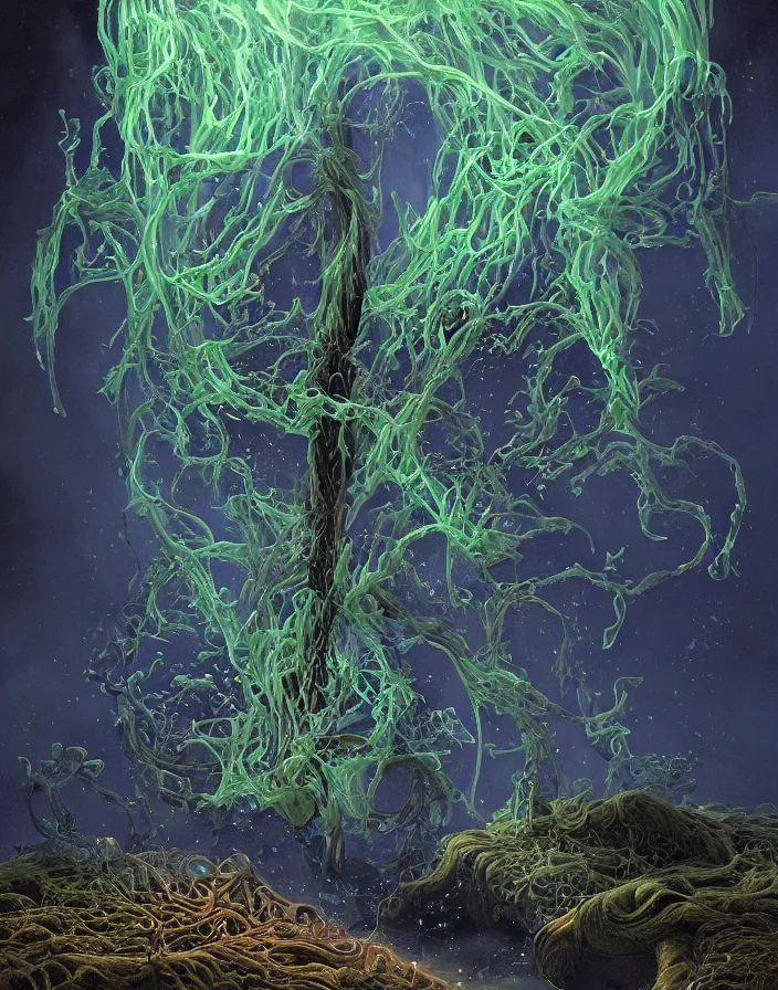 Prompt: bioluminescent vibrant ethereal mystic relic made from fluid and smoke simulations suspended in animation, liquid viscous evocative spray anatomy, smoke shards shattered in the void, photorealistic cinema 4D CG render by Pixar, Larry Elmore Kerlaft and Michael Whelan