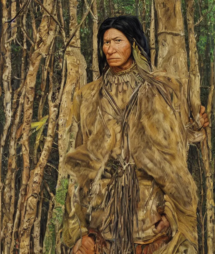 Prompt: indigenous woman warrior in the forest, painted by lucian freud, hd, super detailed, realistic, muted colors