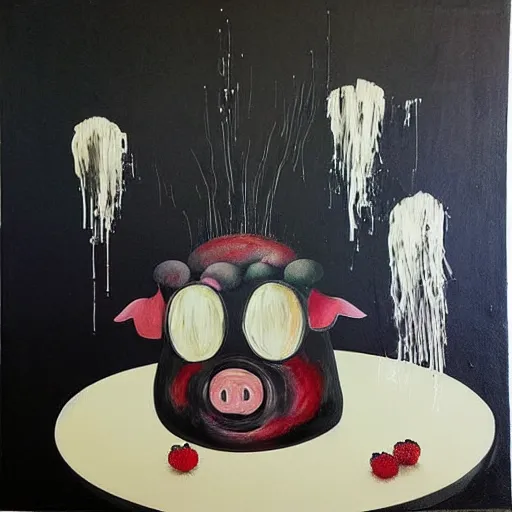 Image similar to “ a portrait in a black apartment, sensual, a pig theme, art supplies, paint tubes, ikebana, herbs, a candle dripping white wax, squashed berries, berry juice drips, acrylic and spray paint and oilstick on canvas, surrealism, neoexpressionism ”